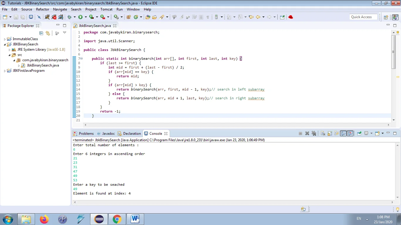 Program Output in Console Tab binary search program output