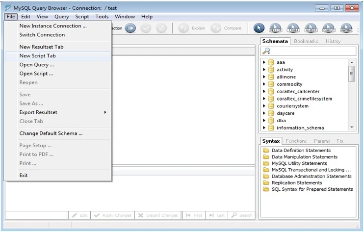 In MySQL Query Browser, Go to File and click New Script Tab. In MySQL Query Browser, Go to File and click New Script Tab