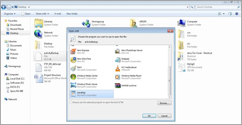 Open Database Backup file which we have saved on Desktop with WordPad. Open Database Backup file which we have saved on Desktop with WordPad