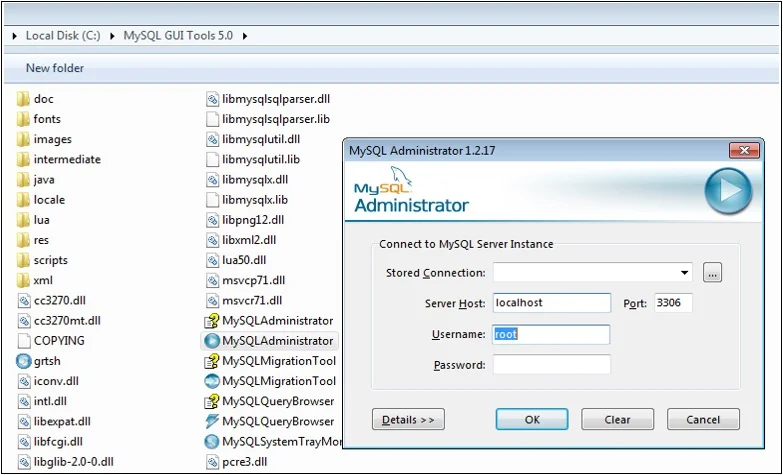 MySQL Server Instance window appears. MySQL Administrator Connect to MySQL Server Instance