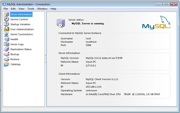 MySQL Administrator Server Information. MySQL Administrator Server Information