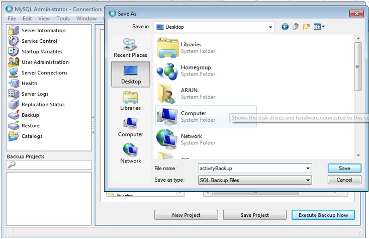 Select Location for eg. 'Desktop' for backup file, give name to it and Save it. Select Location eg. 'Desktop' for backup file, give name to it and Save it