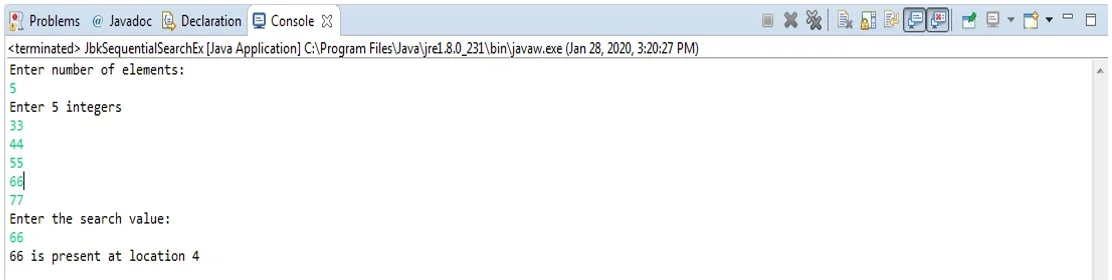 Output of Sequential Search Program Output of Sequential Search Program