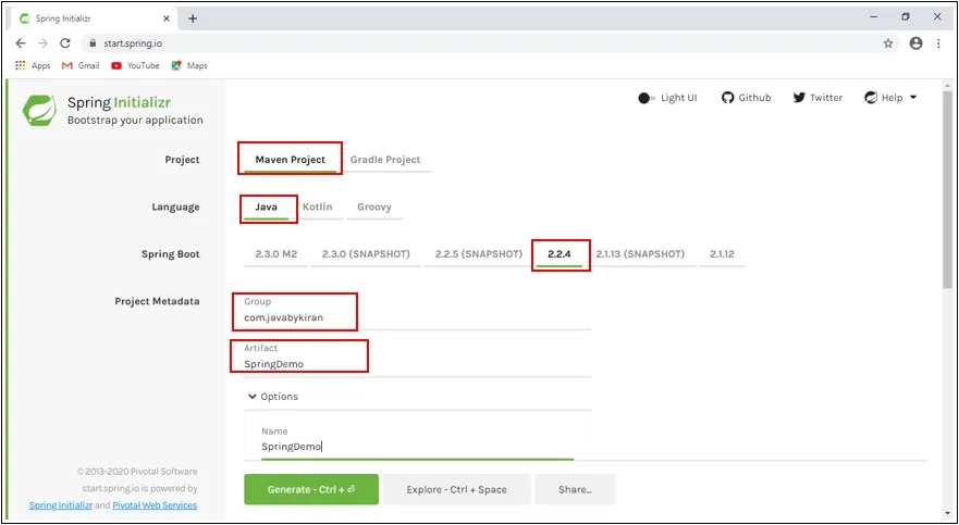 Spring Initializr Home Page. Spring Initializr Home Page
