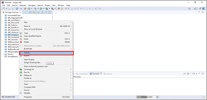 Import the extracted Spring project folder in Eclipse with the help of Import option. Import the extracted Spring project folder in Eclipse with the help of Import option