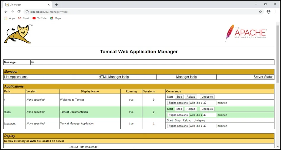Clicking on Manager App Button will redirect to Tomcat Web Aplication Manager page Deploying WAR File using Tomcat