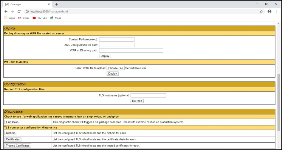 Click on Choose File to select our WAR File and then click on Deploy Deploying WAR File using Tomcat