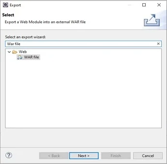 Search for WAR File. Then Select WAR File and Click on Next. Create WAR File of Project in Eclipse