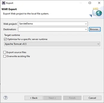 Browse for Destination Folder as well as Select Tomcat Version Create WAR File of Project in Eclipse
